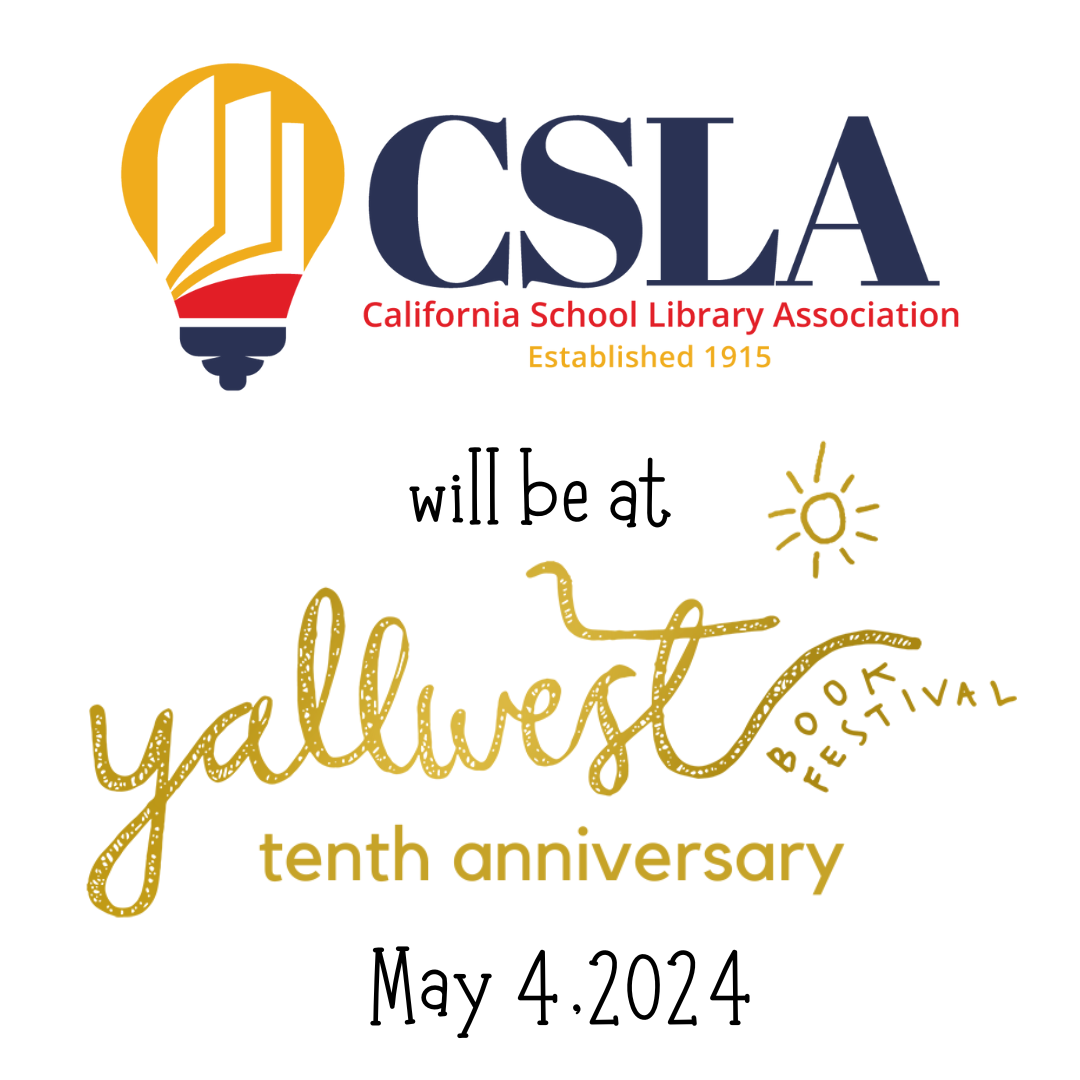 blue CSLA text with yellow, red, and blue lightbulb logo and glittering gold YALLWEST book festival logo