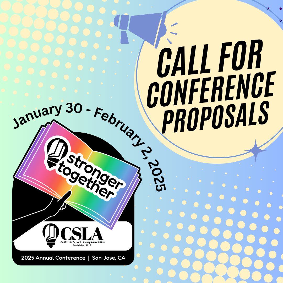 A rainbow gradient open book saying "stronger together" and a yellow circle with a bullhorn saying "Call for conference proposals"